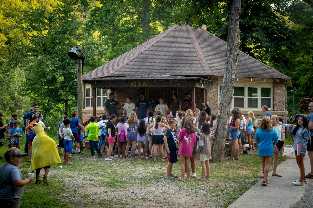 A group gathered outside the Dayspring chapel